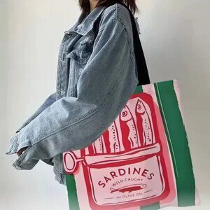 “Can of Sardines” Pink & Green Striped Canvas Shoulder Tote Bag (BRAND-NEW!)